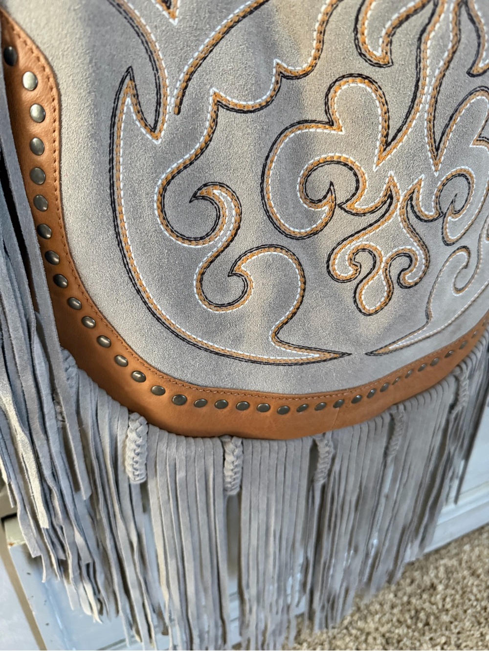 Myra Bag Gray Suede Fringe Shoulder Bag with Tan Trim - Picture 2 of 4